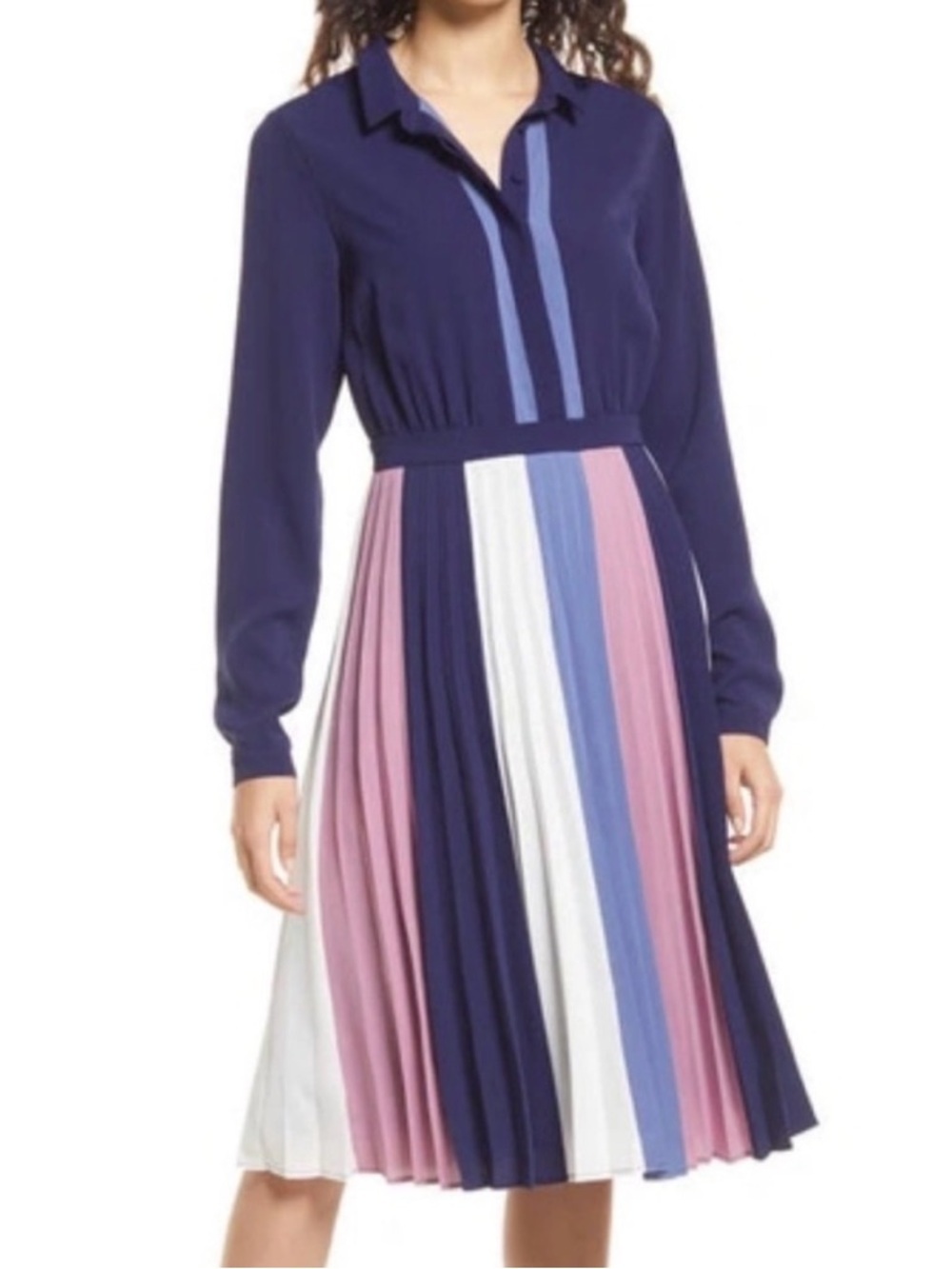 1901 Nordstrom Colorblock Pleated Midi Dress Navy Pink Size Small